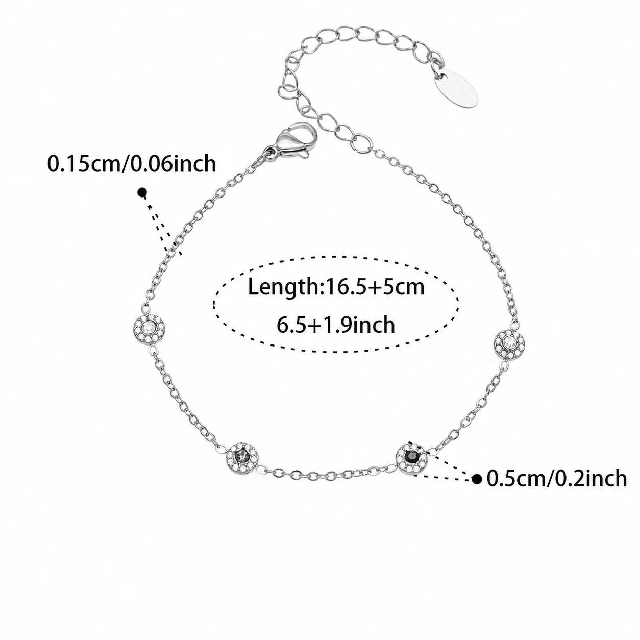 Delicate 18K Gold-Plated Round CZ Station Chain Bracelet - Silver Black CZ 16.5+5 cm