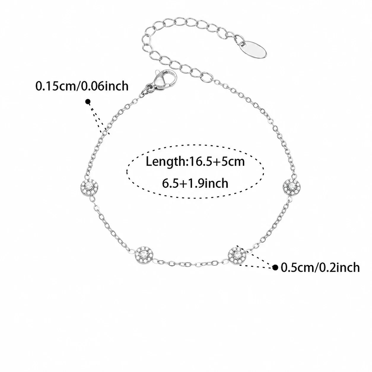 Delicate 18K Gold-Plated Round CZ Station Chain Bracelet - Silver Clear CZ 16.5+5 cm