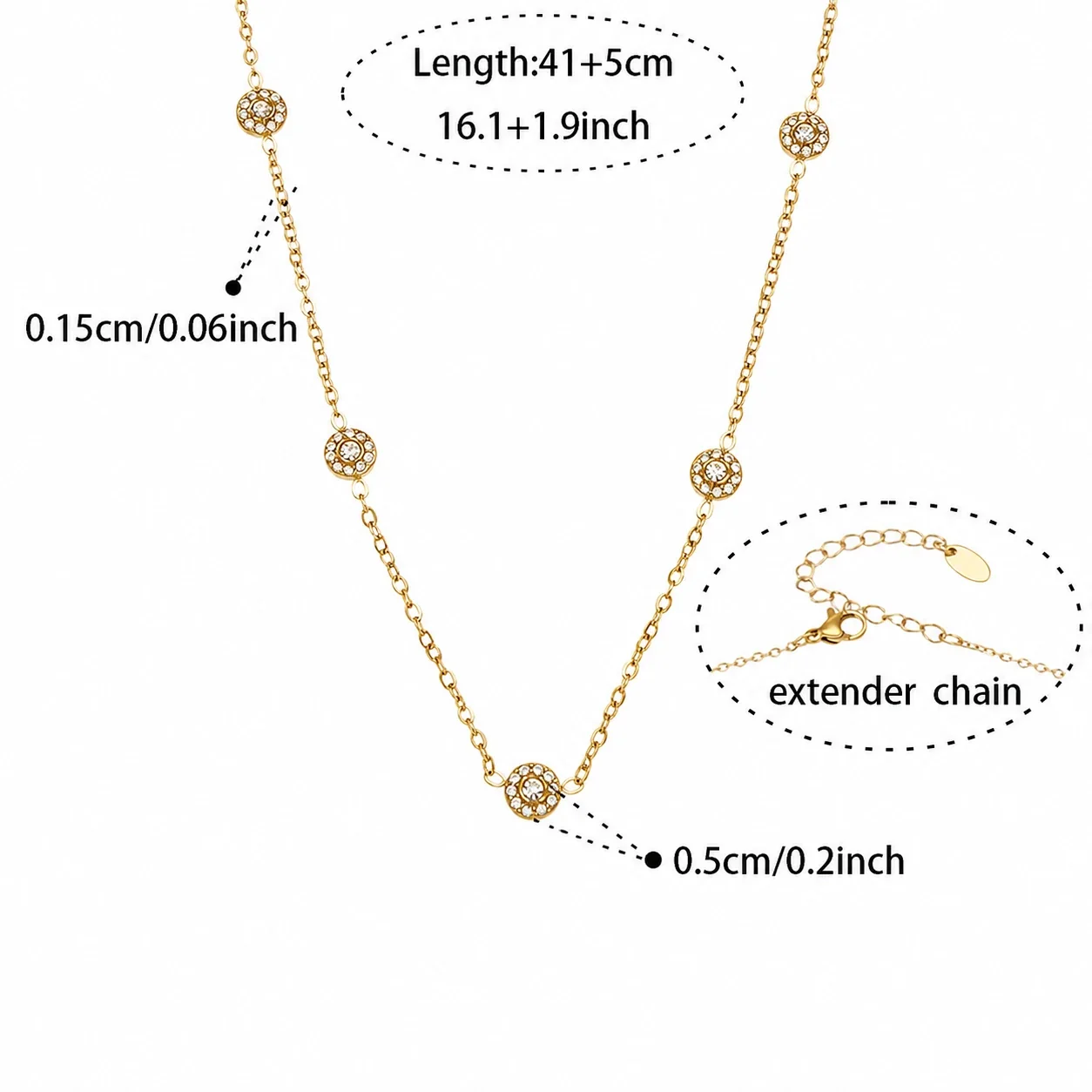 Delicate 18K Gold-Plated Round CZ Station Chain Bracelet - Gold Clear CZ 41+5 cm