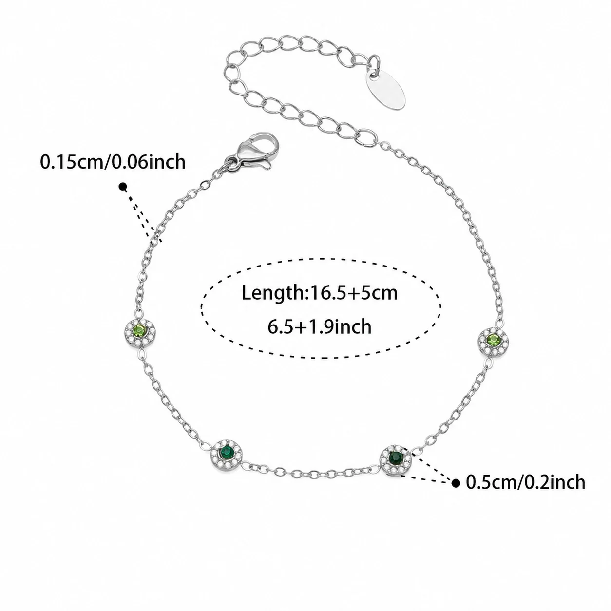 Delicate 18K Gold-Plated Round CZ Station Chain Bracelet - Silver Green CZ 16.5+5 cm