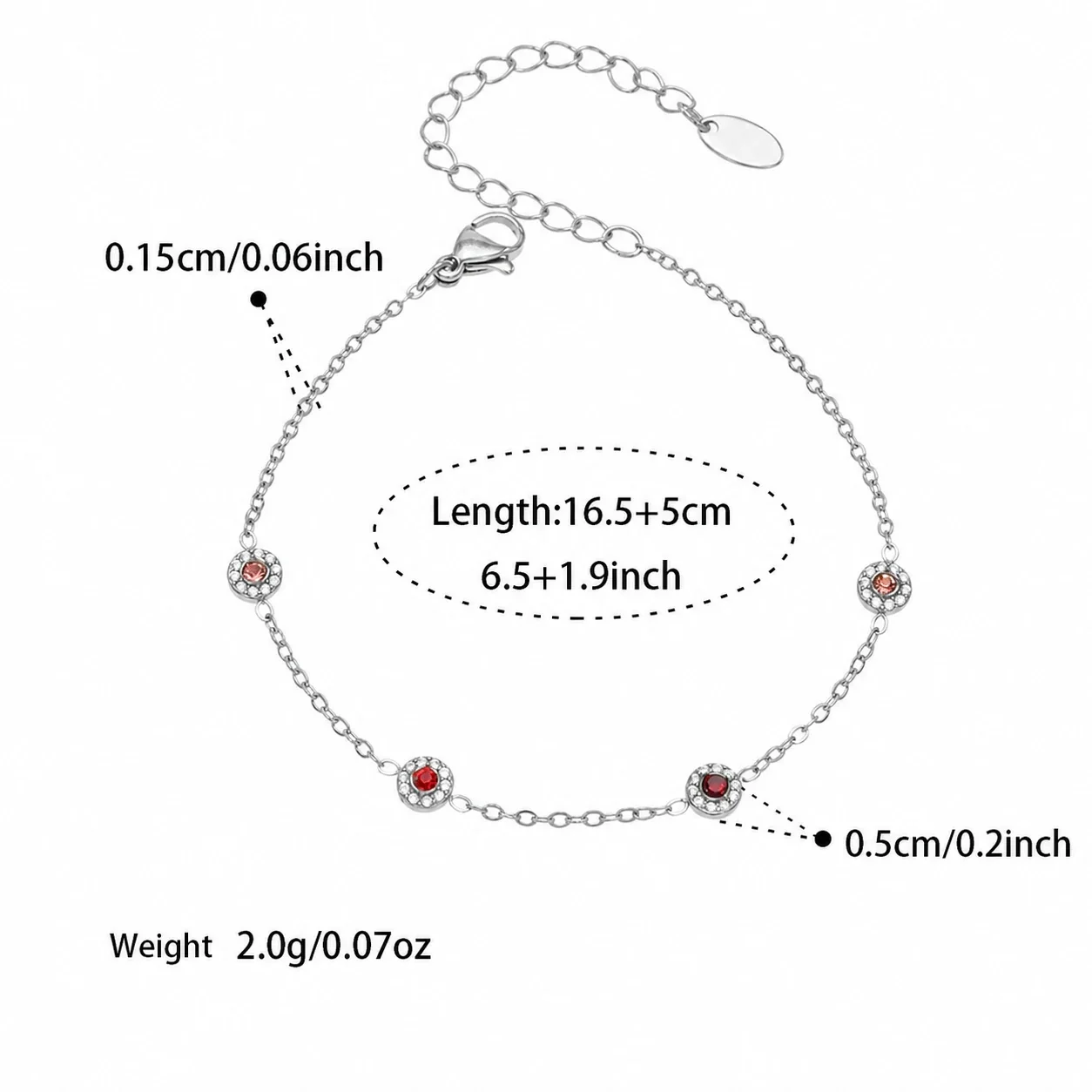 Delicate 18K Gold-Plated Round CZ Station Chain Bracelet - Silver Red CZ 16.5+5 cm
