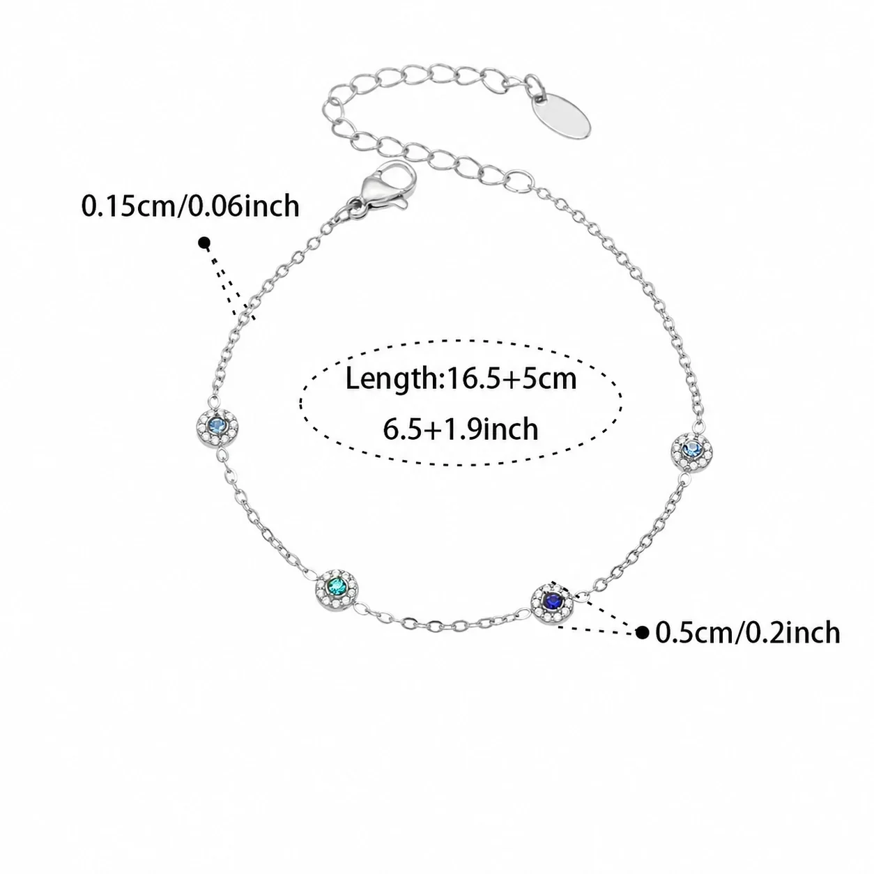Delicate 18K Gold-Plated Round CZ Station Chain Bracelet - Silver Blue CZ 16.5+5 cm