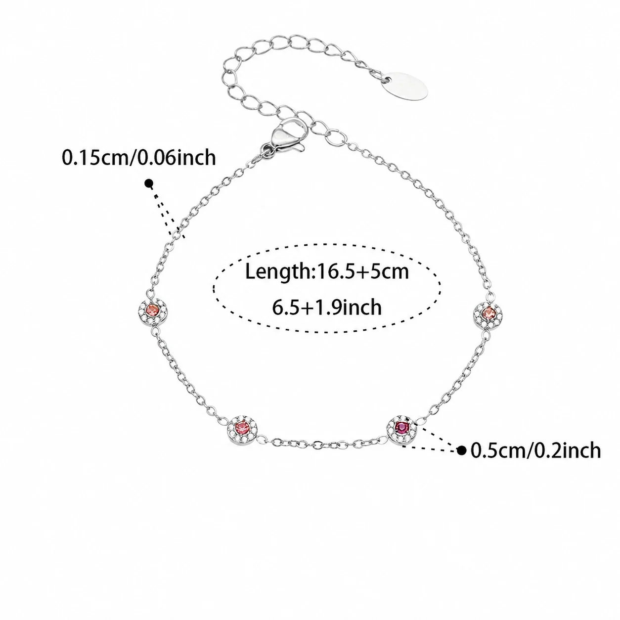 Delicate 18K Gold-Plated Round CZ Station Chain Bracelet - Silver Pink CZ 16.5+5 cm