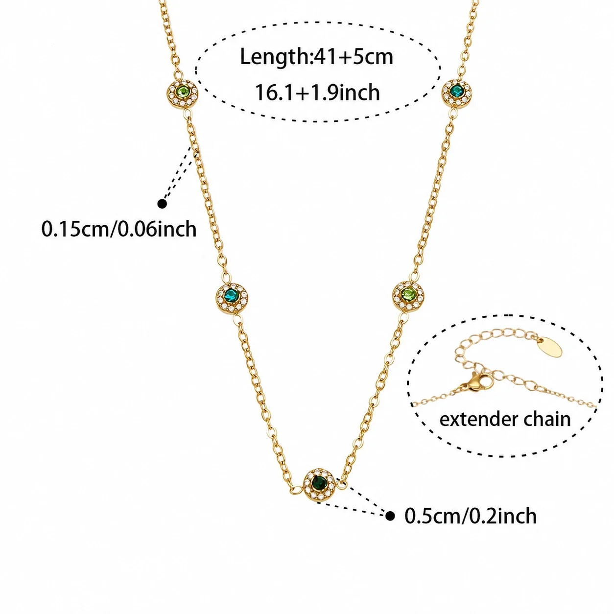 Delicate 18K Gold-Plated Round CZ Station Chain Bracelet - Gold Green CZ 41+5 cm