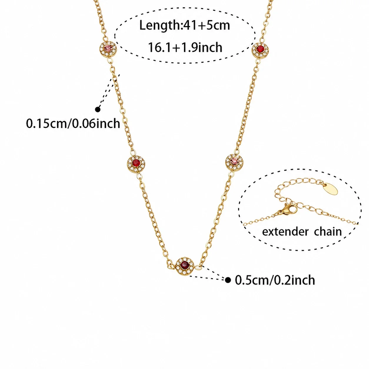Delicate 18K Gold-Plated Round CZ Station Chain Bracelet - Gold Red CZ 41+5 cm