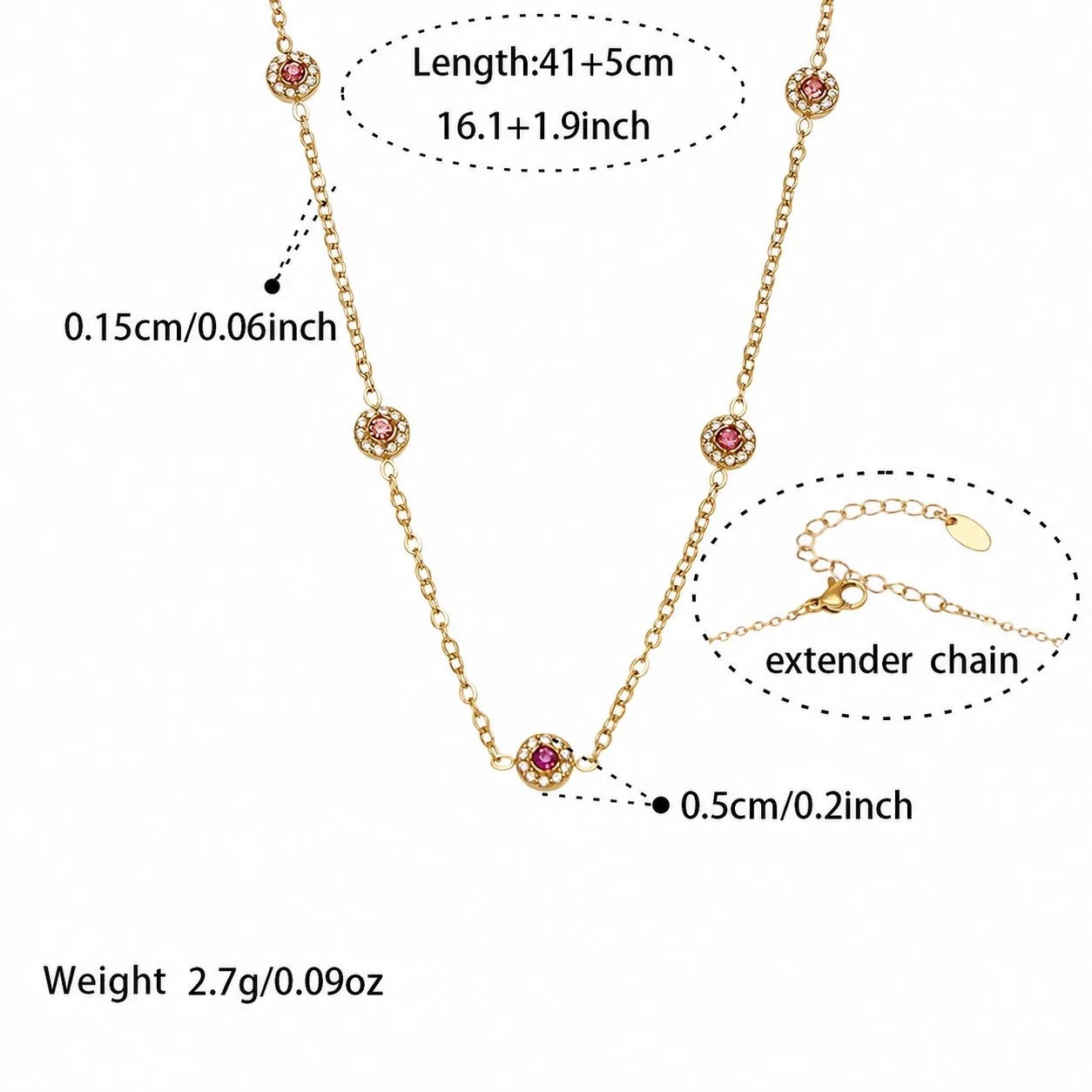 Delicate 18K Gold-Plated Round CZ Station Chain Bracelet - Gold Pink CZ 41+5 cm