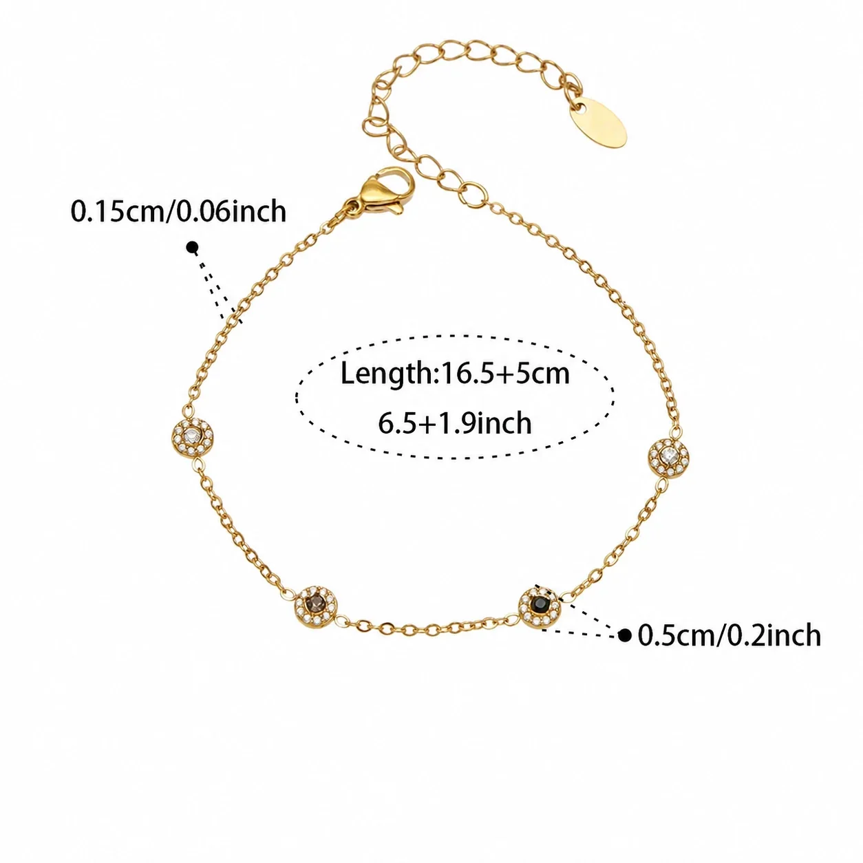 Delicate 18K Gold-Plated Round CZ Station Chain Bracelet - Gold Black CZ 16.5+5 cm