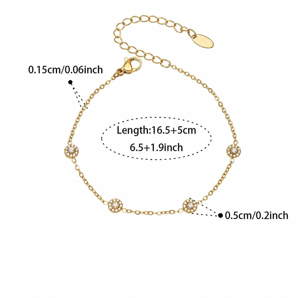 Delicate 18K Gold-Plated Round CZ Station Chain Bracelet - Gold Clear CZ 16.5+5 cm