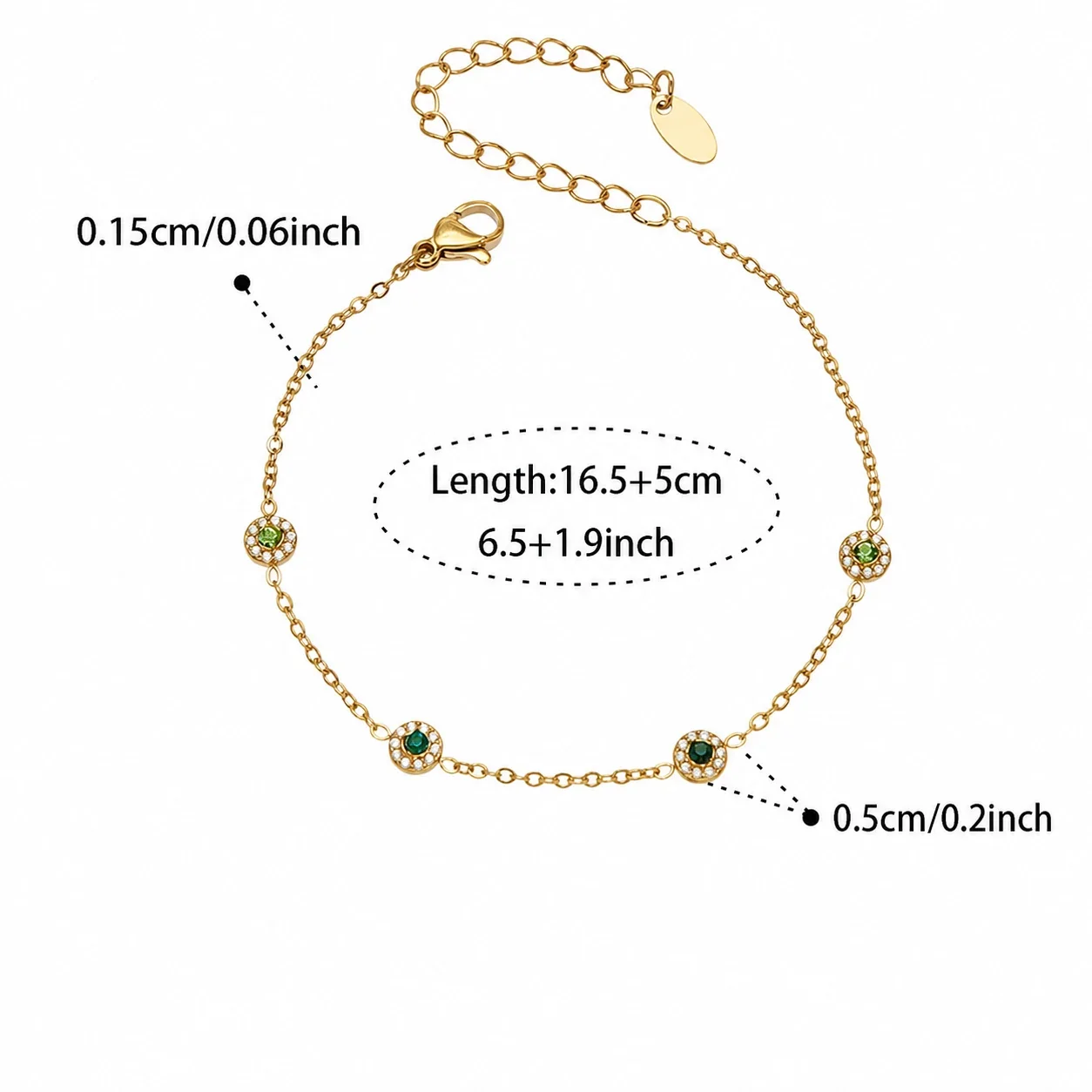 Delicate 18K Gold-Plated Round CZ Station Chain Bracelet - Gold Green CZ 16.5+5 cm