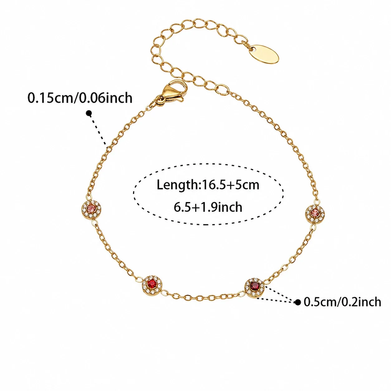 Delicate 18K Gold-Plated Round CZ Station Chain Bracelet - Gold Red CZ 16.5+5 cm