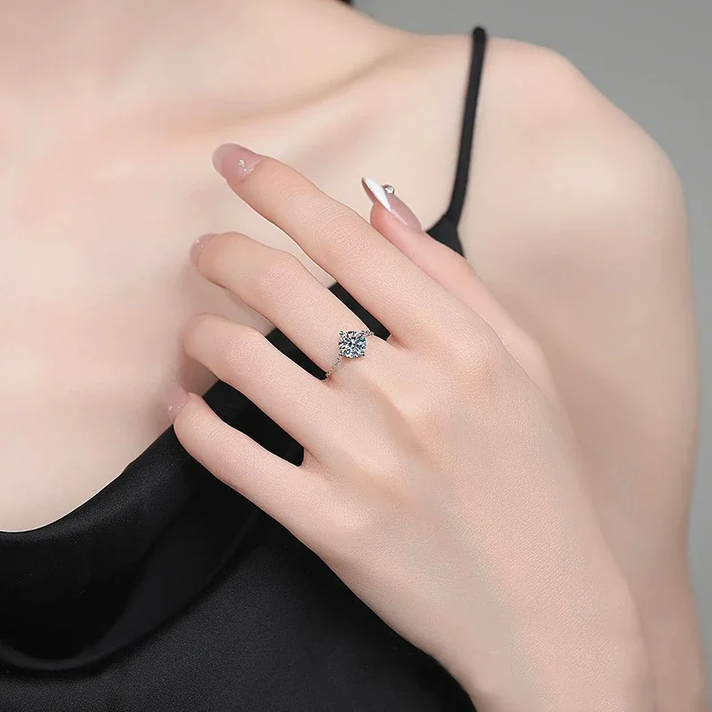 Delicate 925 Sterling Silver Four-Prong Round Moissanite Ring