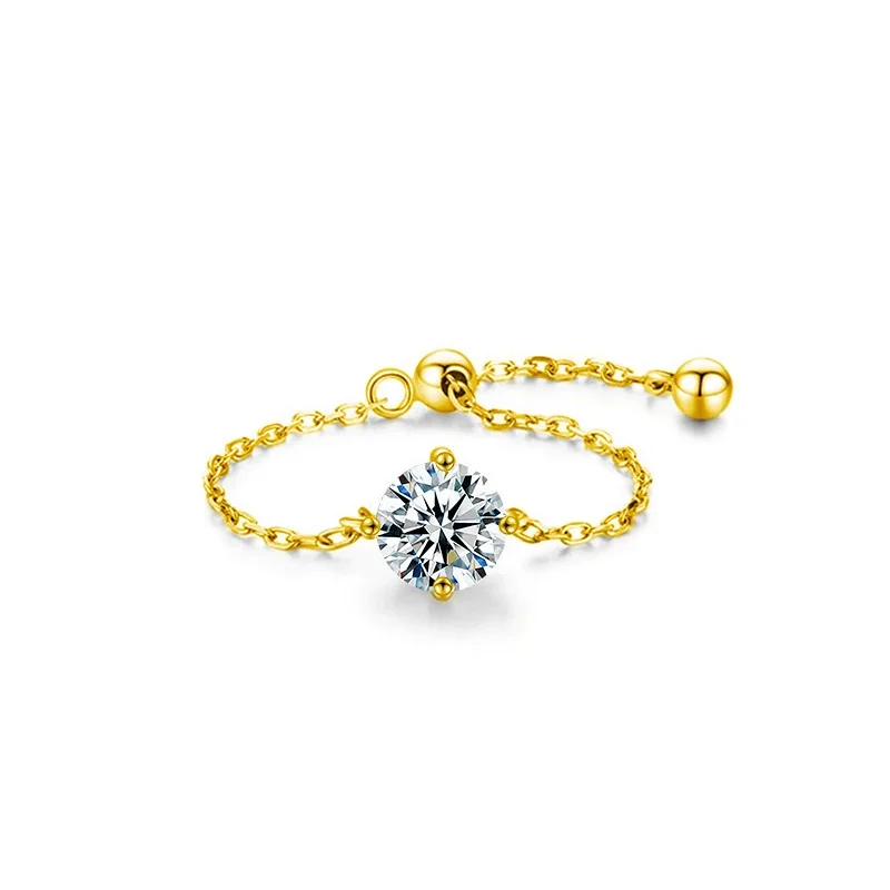 Delicate 925 Sterling Silver Four-Prong Round Moissanite Ring - Gold