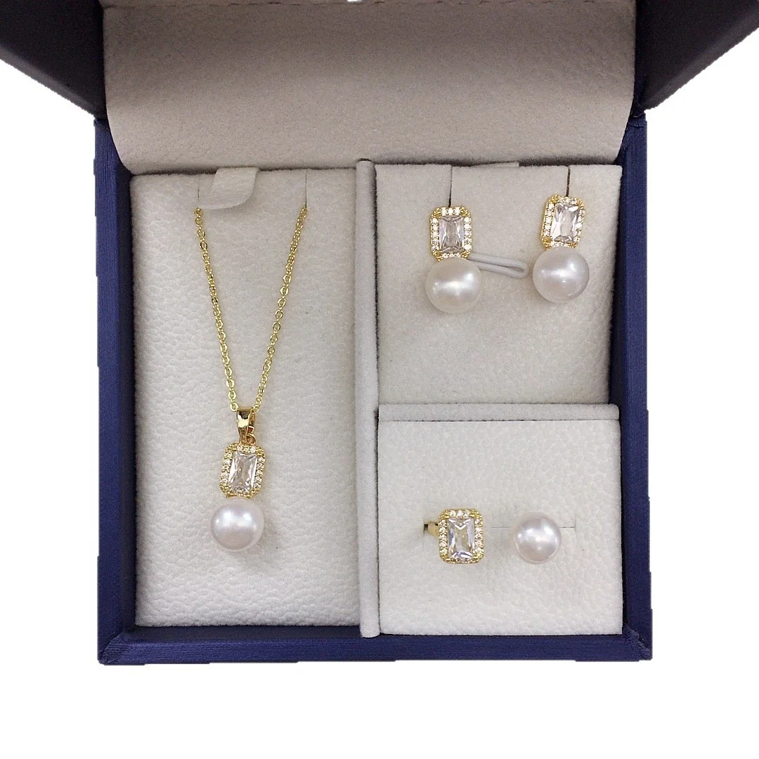 Luminous Gold-Plated Emerald-Cut Halo Pearl Jewelry Set