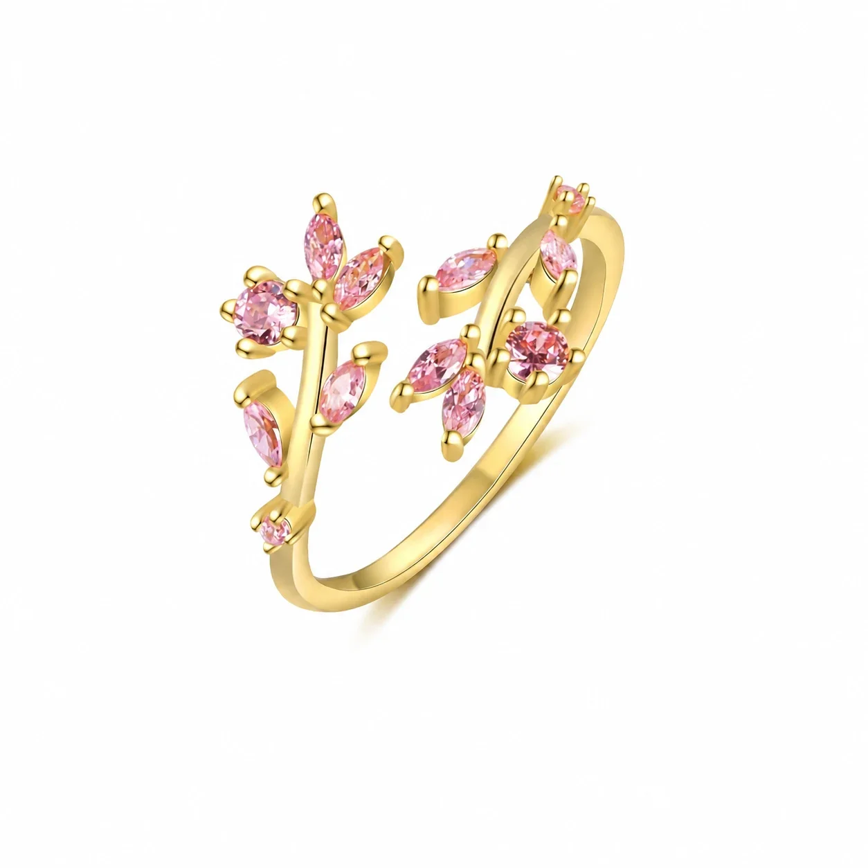 Botanical 925 Sterling Silver Marquise Flower Ring - Gold Pink Open , US