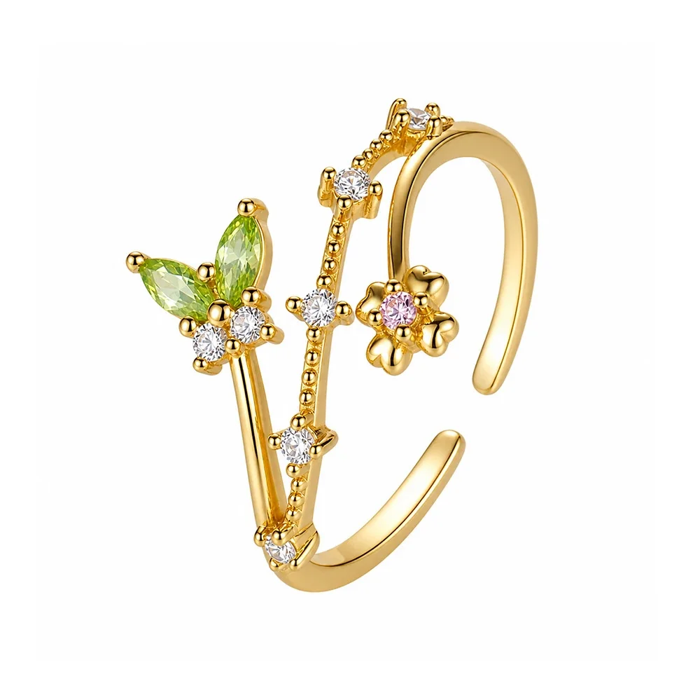 Botanical 925 Sterling Silver Marquise Flower Ring - Gold Multicolor CZ, US