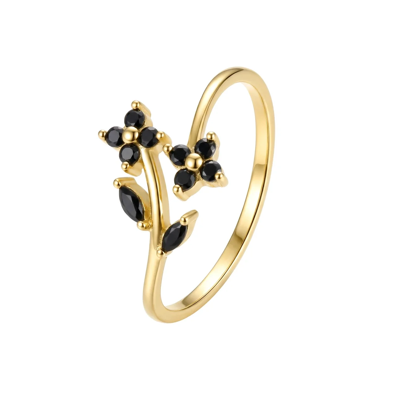 Botanical 925 Sterling Silver Marquise Flower Ring - Gold Black Floral, US