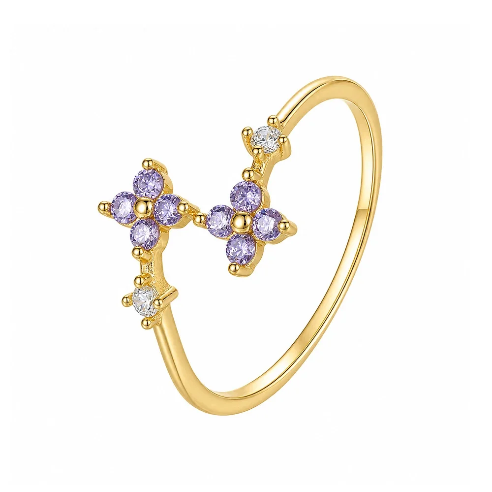 Botanical 925 Sterling Silver Marquise Flower Ring - Gold Purple Blue and Clear CZ Floral, US