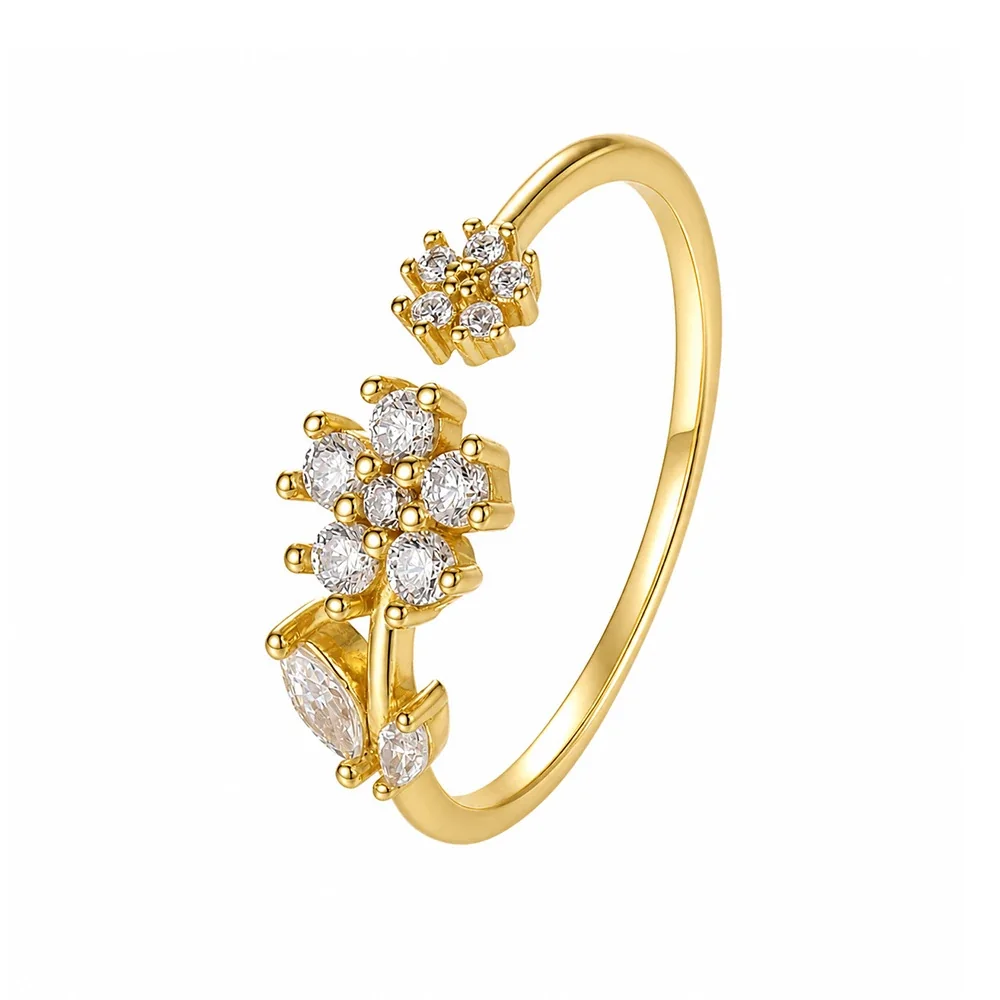 Botanical 925 Sterling Silver Marquise Flower Ring - Gold Clear CZ, US