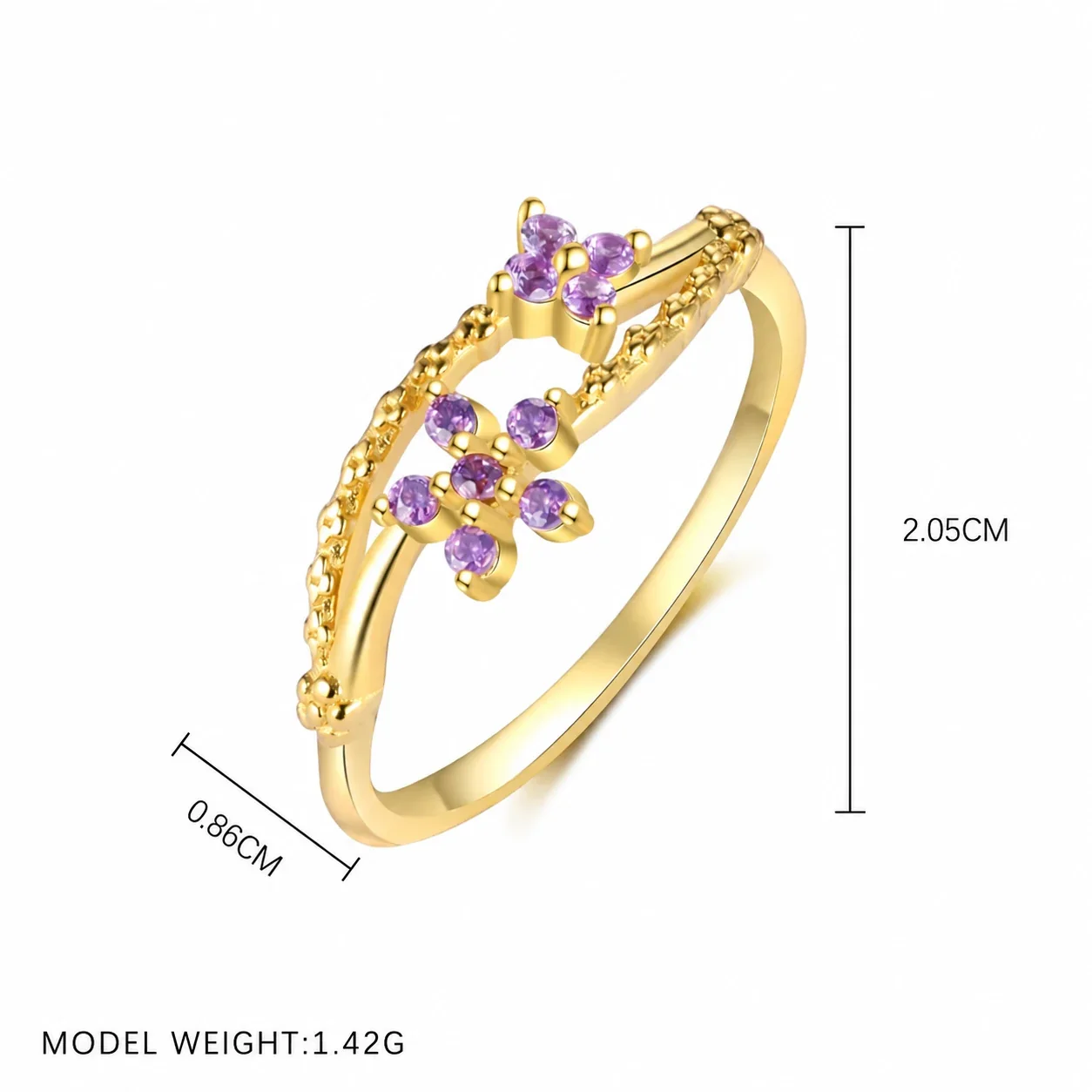 Botanical 925 Sterling Silver Marquise Flower Ring - Gold Deep Purple Red, US