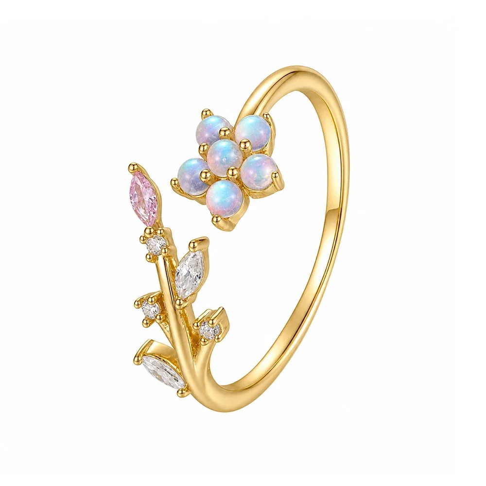 Botanical 925 Sterling Silver Marquise Flower Ring - Gold Moonstone-Effect Glass, Pink and Clear CZ, HK