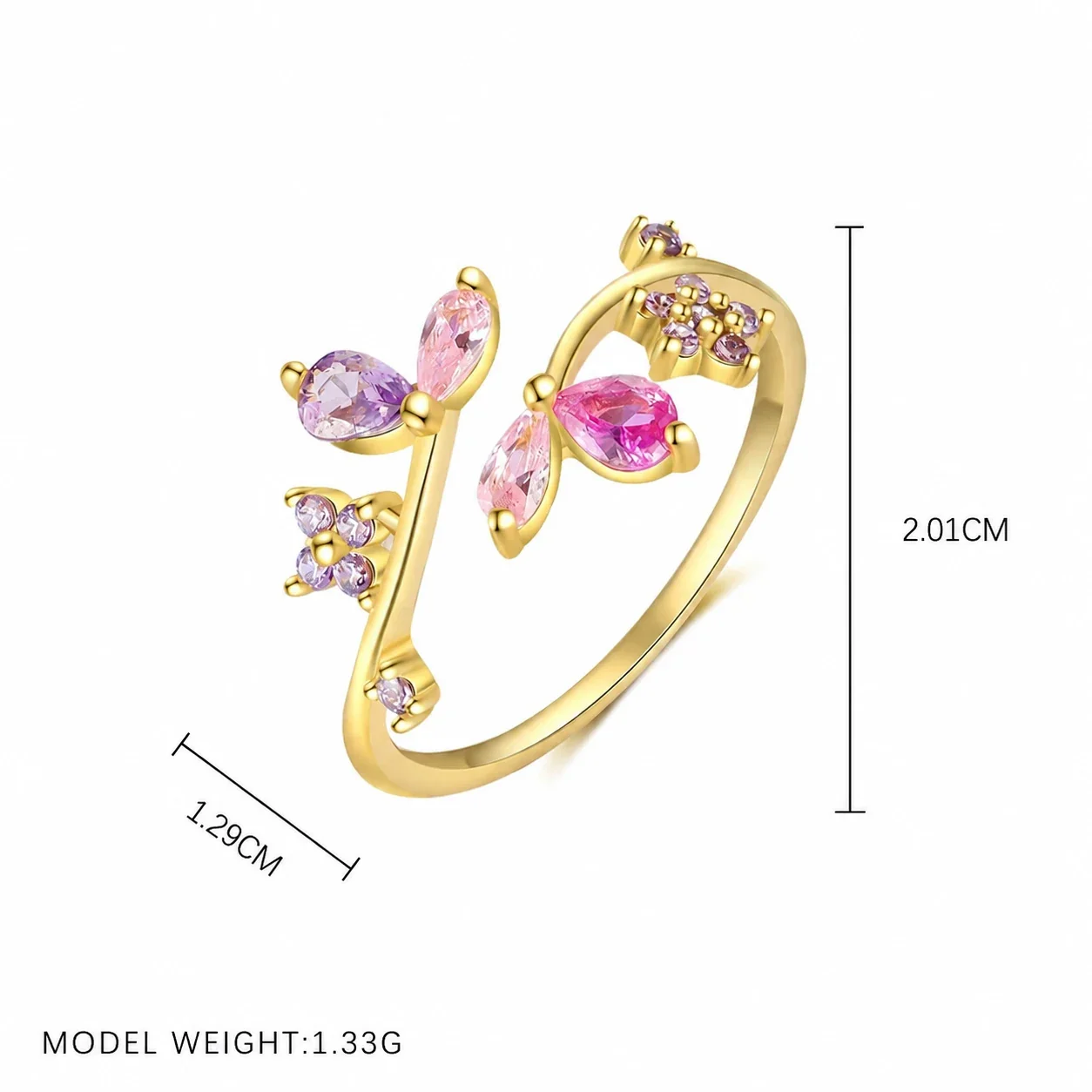 Botanical 925 Sterling Silver Marquise Flower Ring - Gold Multicolor CZ Open , US
