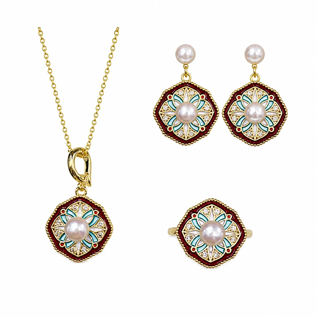 Ornate Gold-Plated Red Inlay Freshwater Pearl Jewelry Set