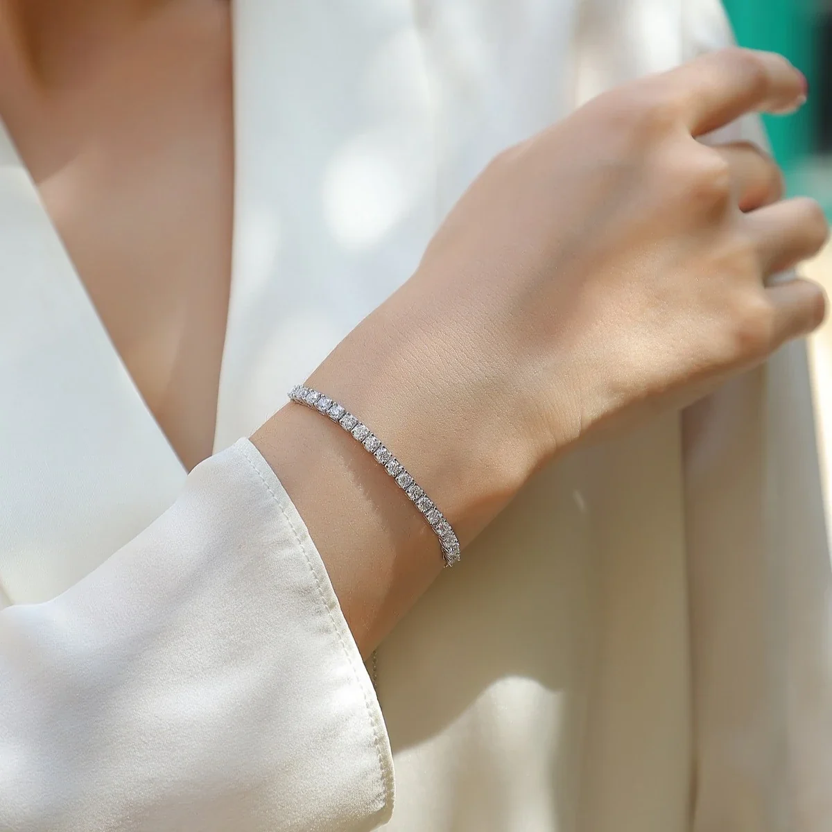 Refined 925 Sterling Silver Round Moissanite Tennis Bracelet