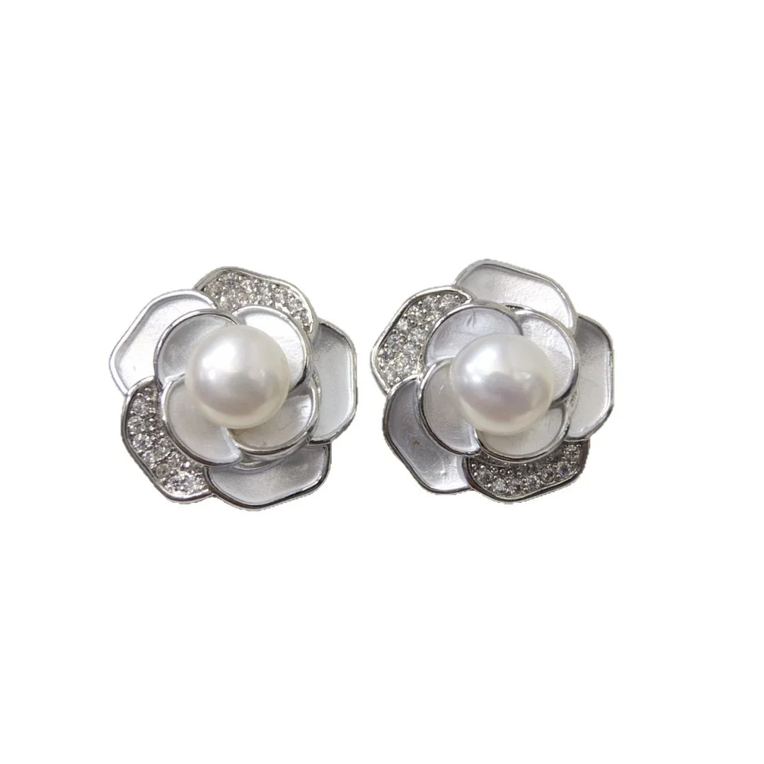 Lustrous Silver-Plated Pearl Enamel Camellia Stud Earrings