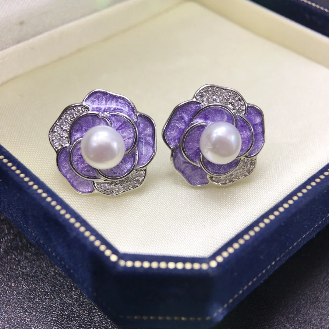 Lustrous Silver-Plated Pearl Enamel Camellia Stud Earrings