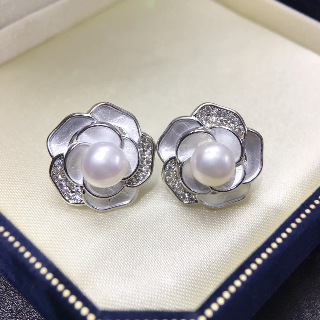 Lustrous Silver-Plated Pearl Enamel Camellia Stud Earrings