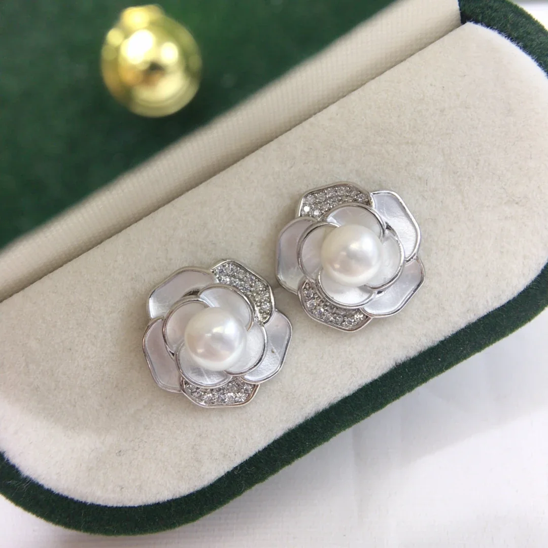 Lustrous Silver-Plated Pearl Enamel Camellia Stud Earrings