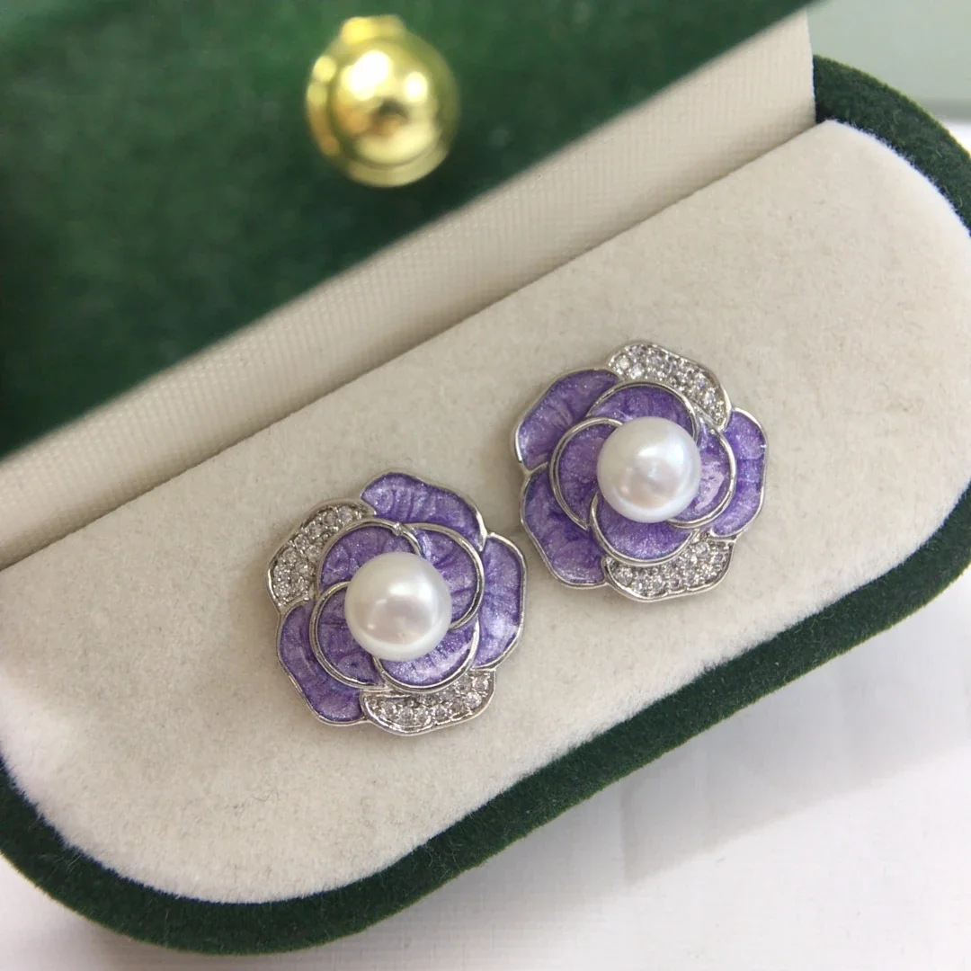 Lustrous Silver-Plated Pearl Enamel Camellia Stud Earrings - Violet