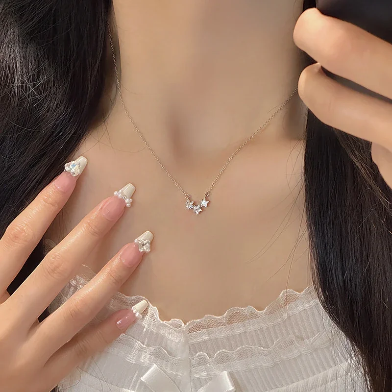 Delicate 925 Sterling Silver Three-Star Cable Chain Necklace