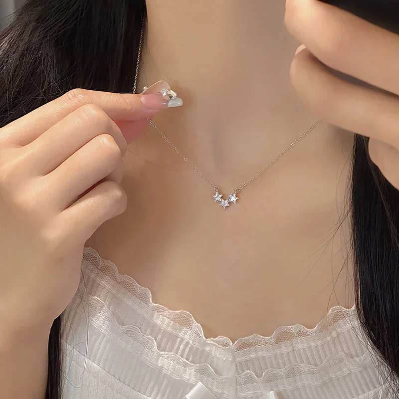 Delicate 925 Sterling Silver Three-Star Cable Chain Necklace