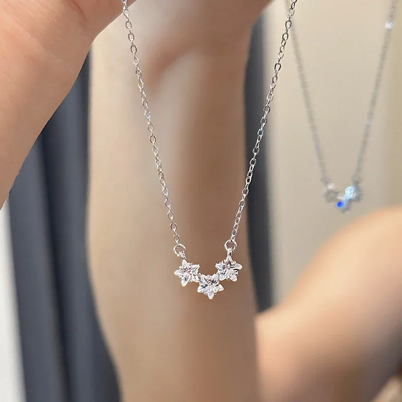 Delicate 925 Sterling Silver Three-Star Cable Chain Necklace - Silver