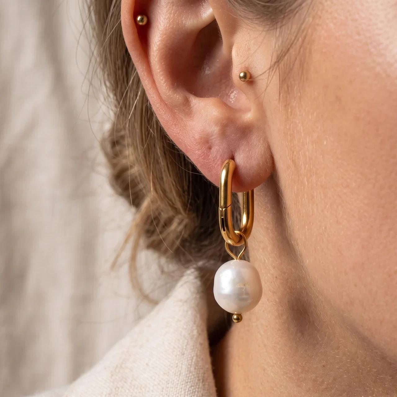 Sculptural 18K Gold-Plated U-Hoop Freshwater Pearl Drop Earrings