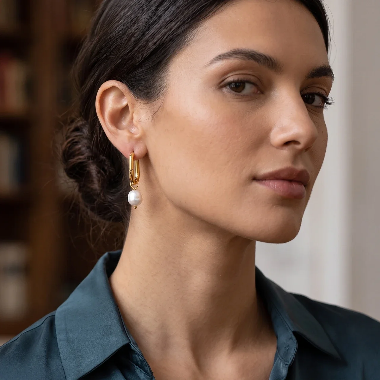 Sculptural 18K Gold-Plated U-Hoop Freshwater Pearl Drop Earrings