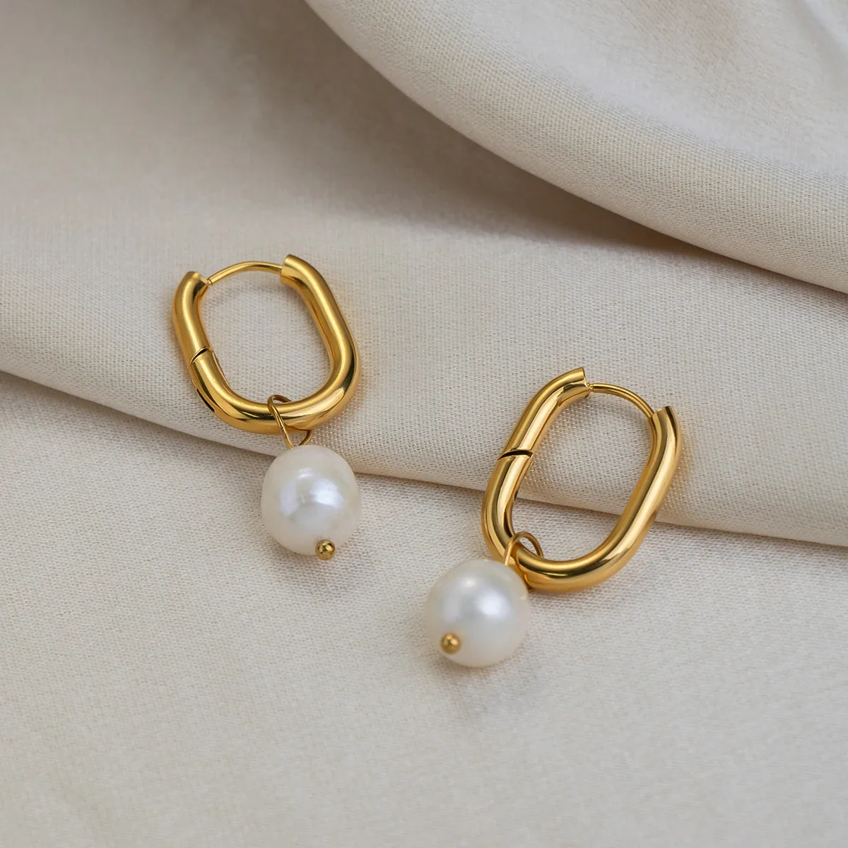 Sculptural 18K Gold-Plated U-Hoop Freshwater Pearl Drop Earrings