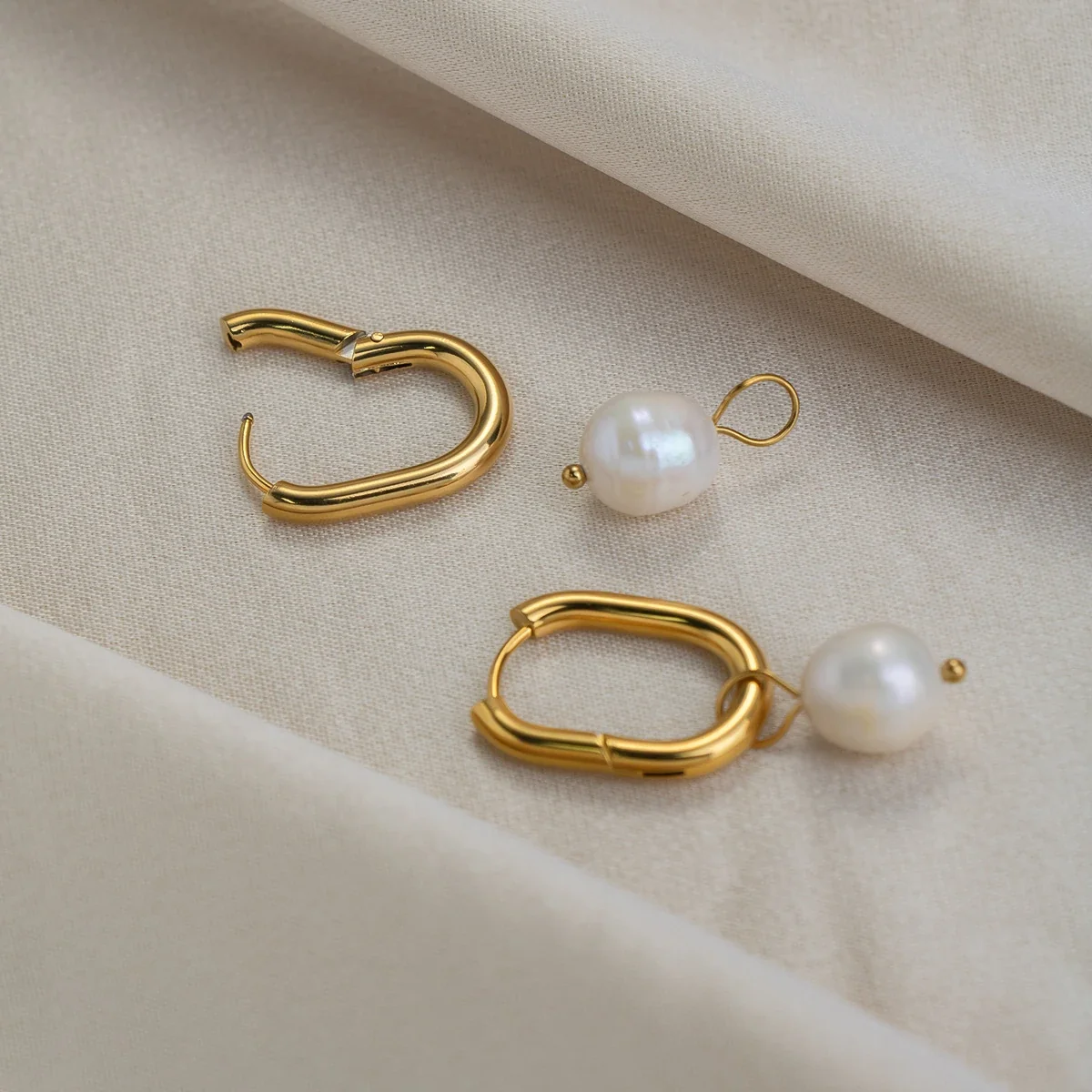 Sculptural 18K Gold-Plated U-Hoop Freshwater Pearl Drop Earrings