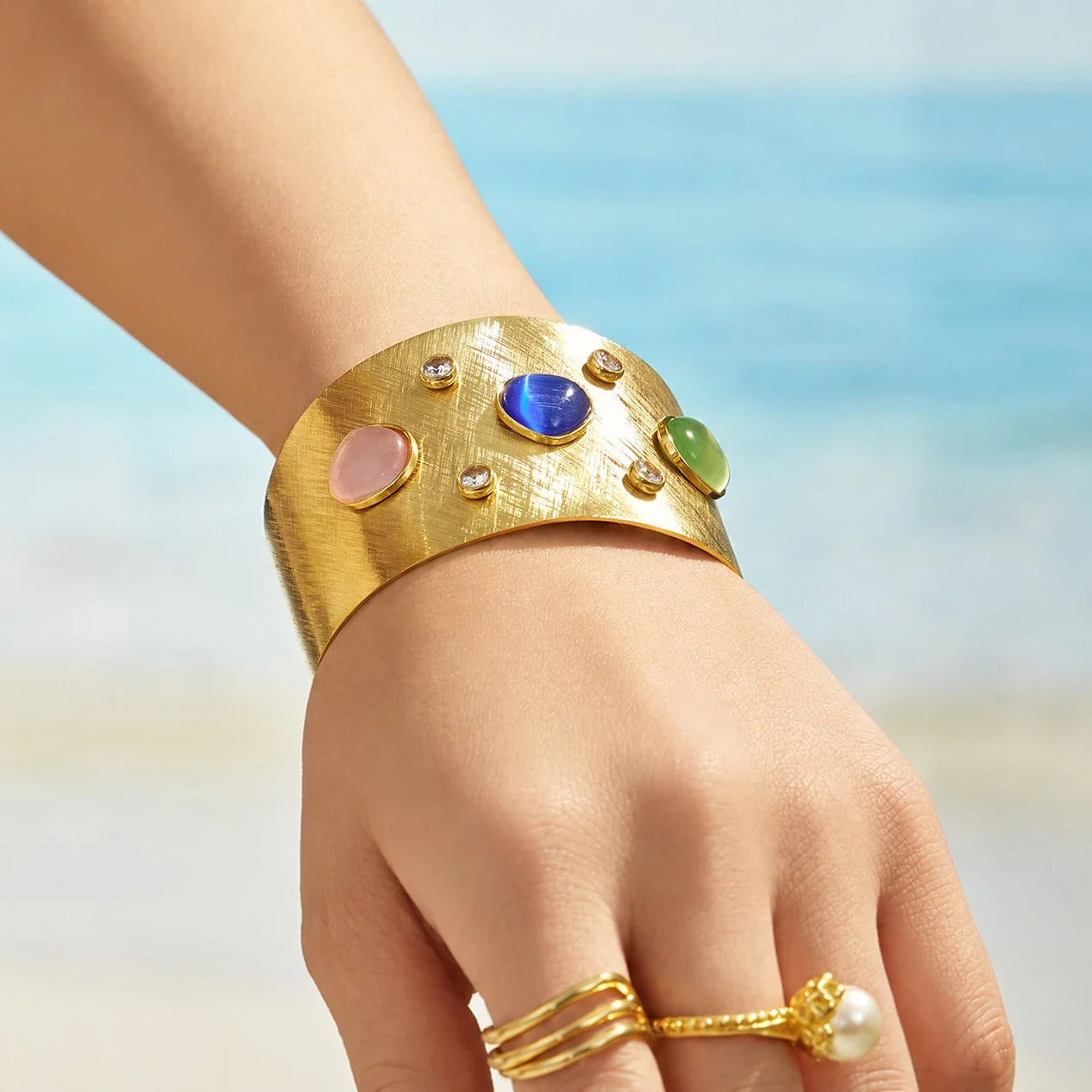Artful Brushed Gold PVD Cabochon Wide Cuff Bangle