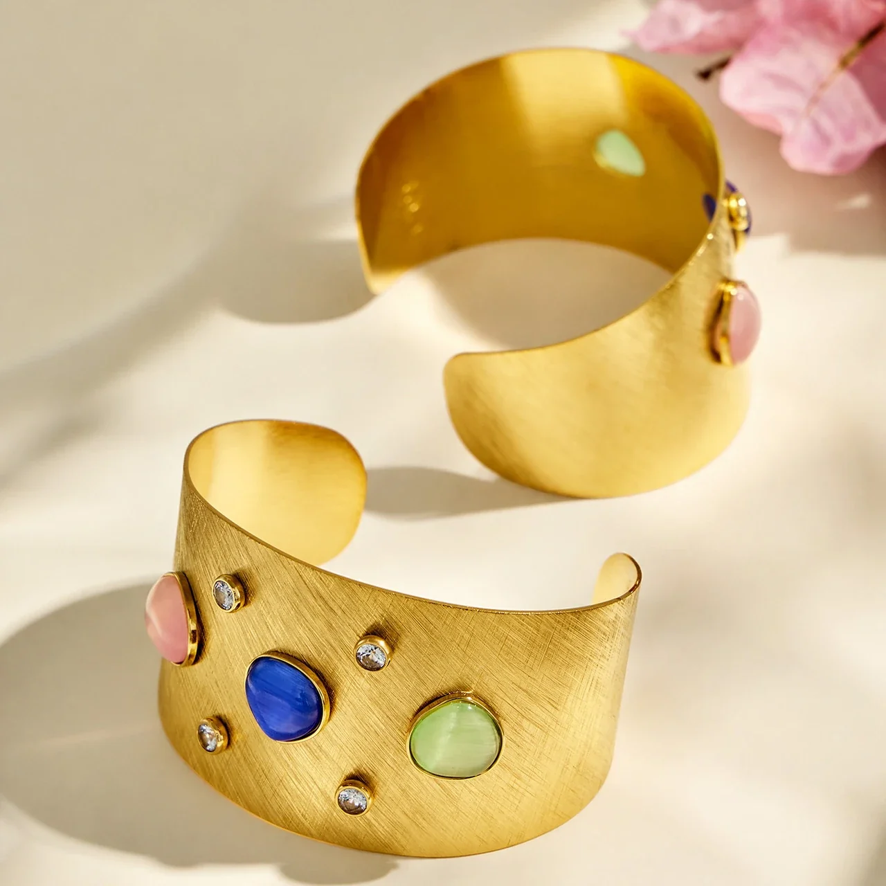 Artful Brushed Gold PVD Cabochon Wide Cuff Bangle