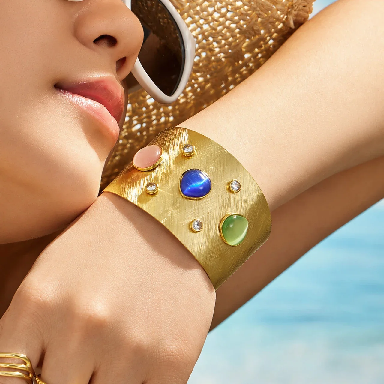 Artful Brushed Gold PVD Cabochon Wide Cuff Bangle