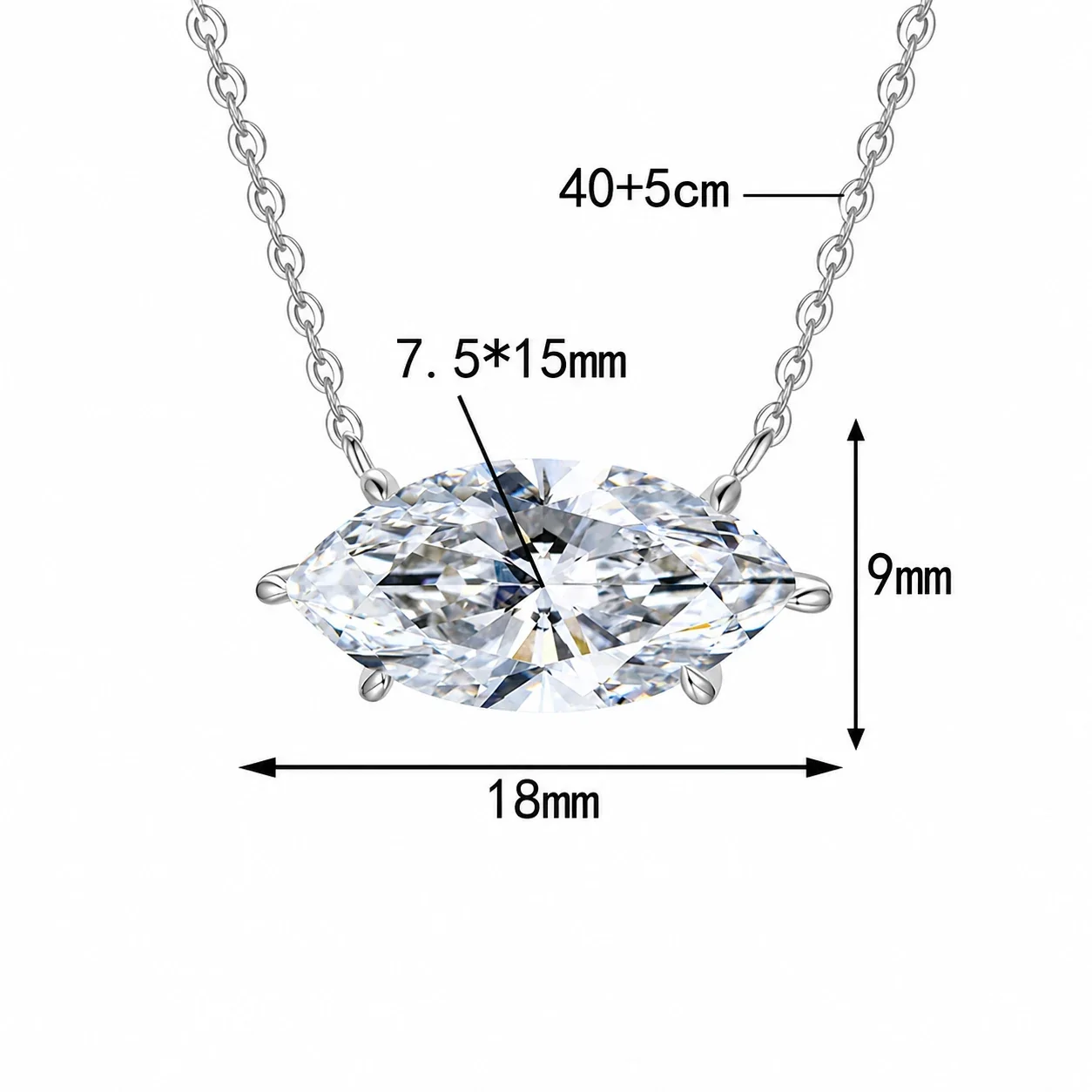 Marquise Moissanite 925 Sterling Silver Prong Necklace - Carat Moissanite 7.5 x 15 mm