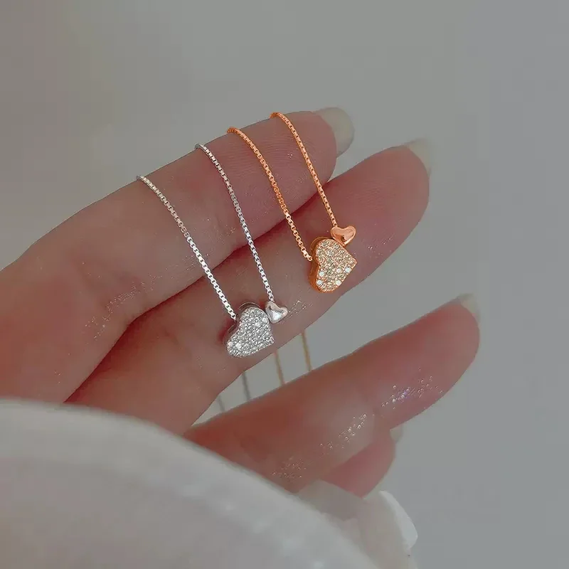 Delicate Pavé Heart 925 Sterling Silver Box Chain Necklace