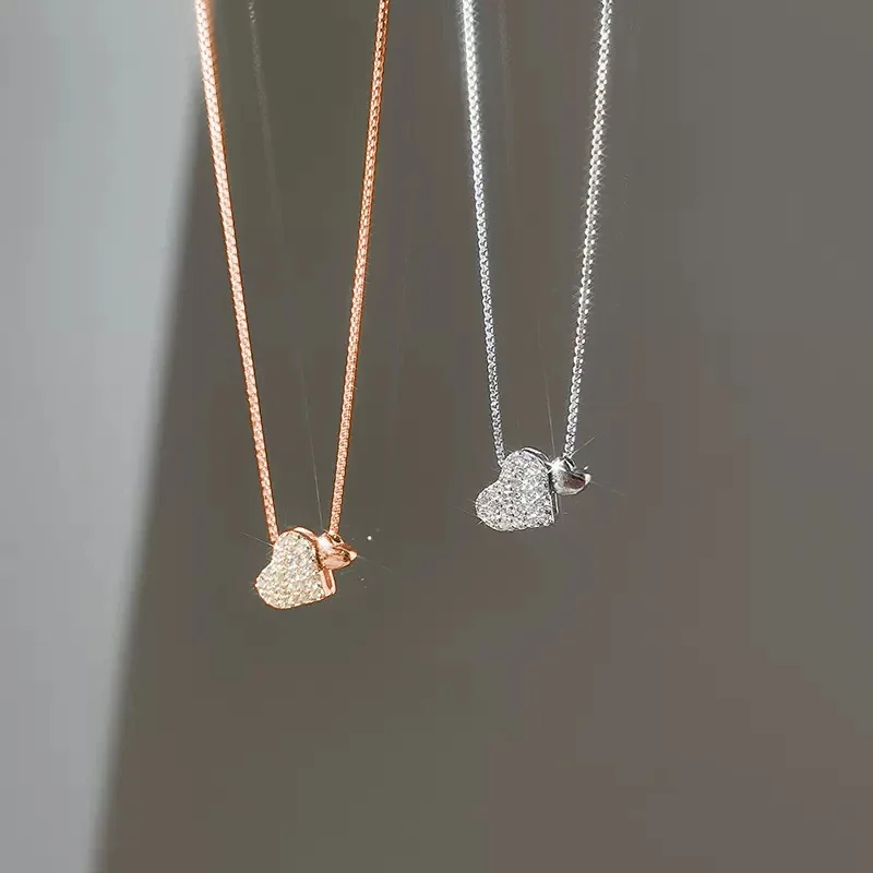 Delicate Pavé Heart 925 Sterling Silver Box Chain Necklace