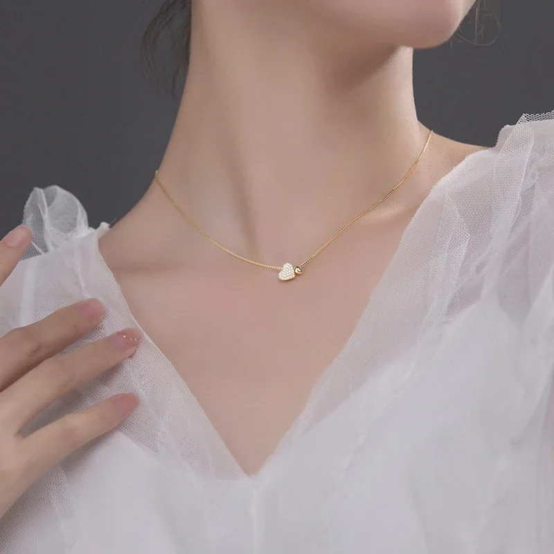 Delicate Pavé Heart 925 Sterling Silver Box Chain Necklace