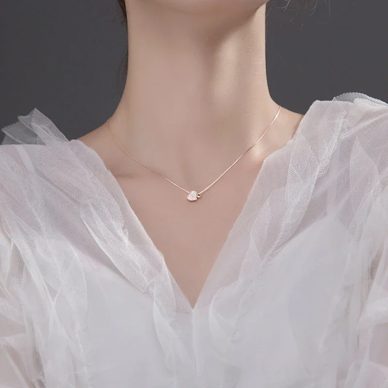 Delicate Pavé Heart 925 Sterling Silver Box Chain Necklace