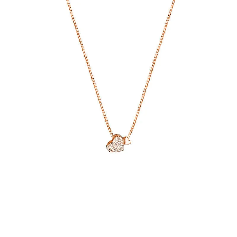 Delicate Pavé Heart 925 Sterling Silver Box Chain Necklace - Rose Gold