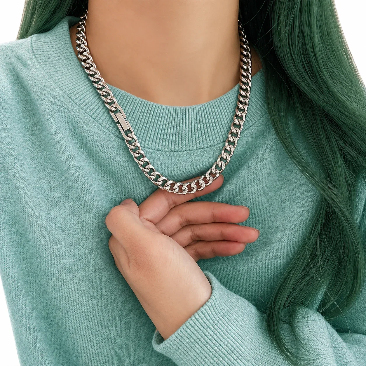 Polished Stainless Steel Cuban Link Lobster Clasp Chain - Round-Polished Cuban Clasp 50 cm 0.6 cm Width