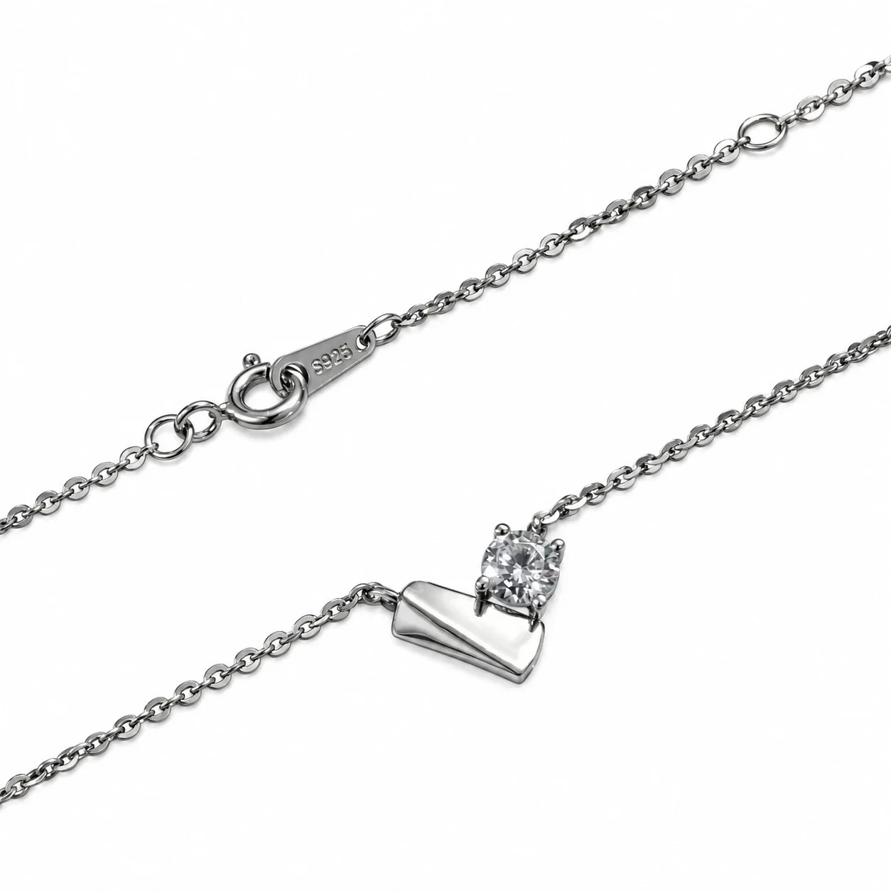 Sculptural 925 Sterling Silver Folded Heart CZ Pendant Necklace